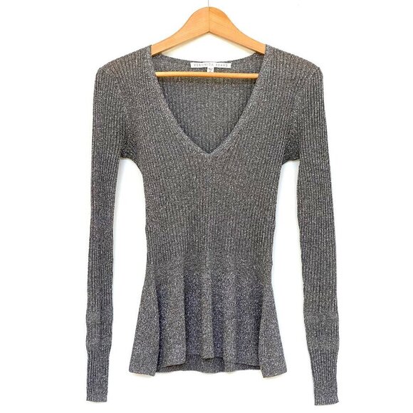 Veronica Beard Esmeralda Silver Metallic V-Neck Ribbed Peplum Sweater Top - Picture 1 of 12